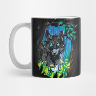 Black Wolf with Glowing Blue Eyes in the Forest Mug